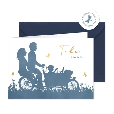 Geboortekaartje silhouet broertje met grote zus in bakfiets